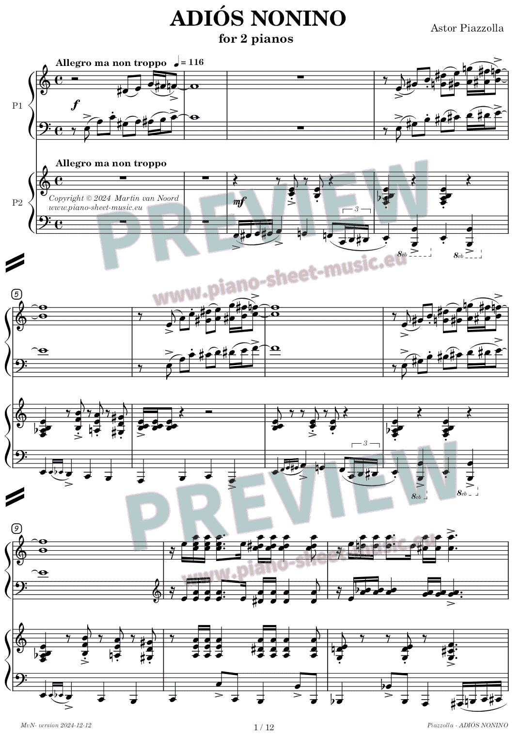 Piazzolla -Adios Nonino for two pianos -preview page 1