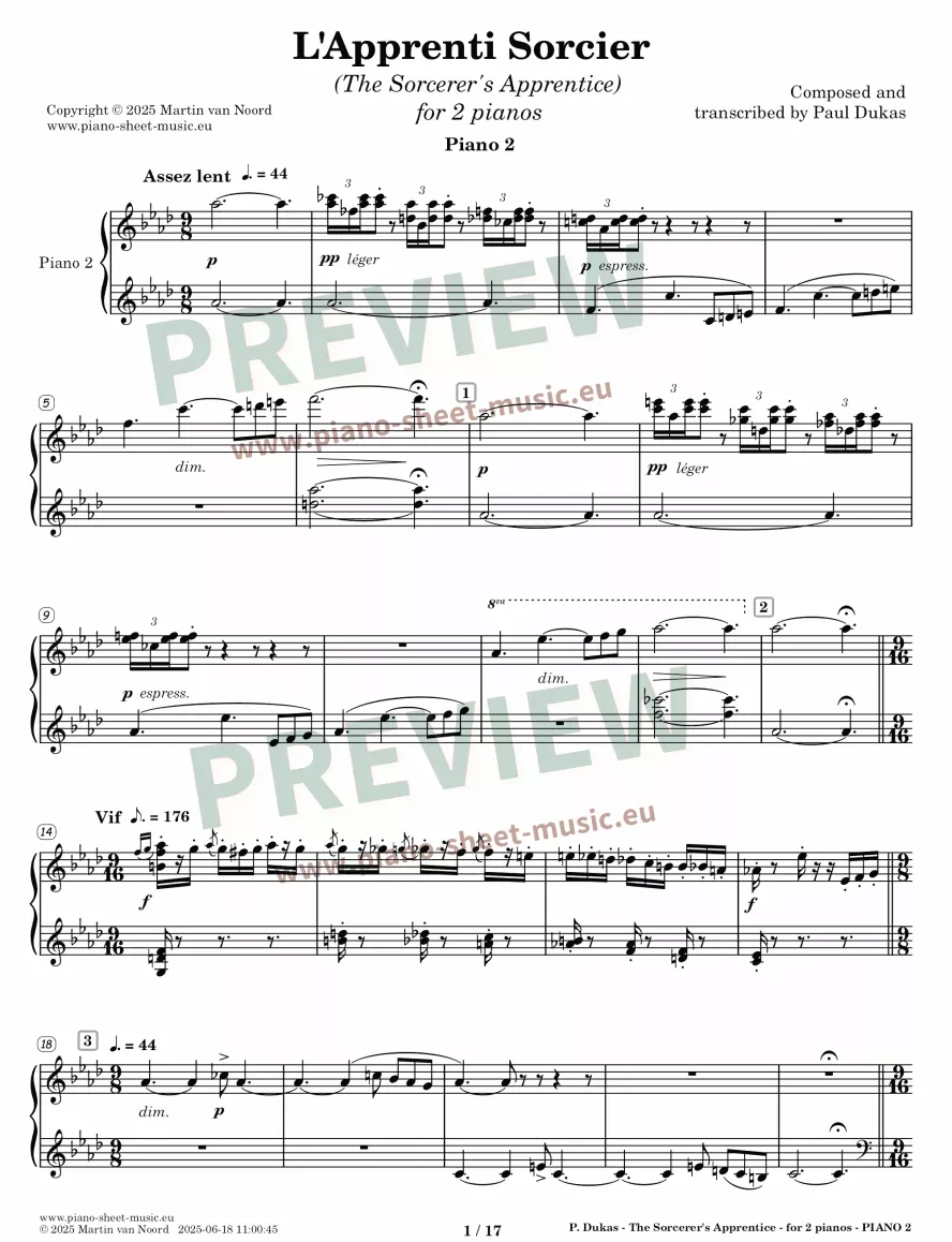 Dukas -The Sorcerer's Apprentice - for two pianos -preview page 1b