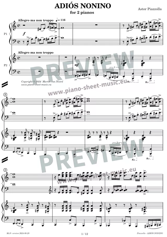 Piazzolla | Adios Nonino | two pianos - preview page 1