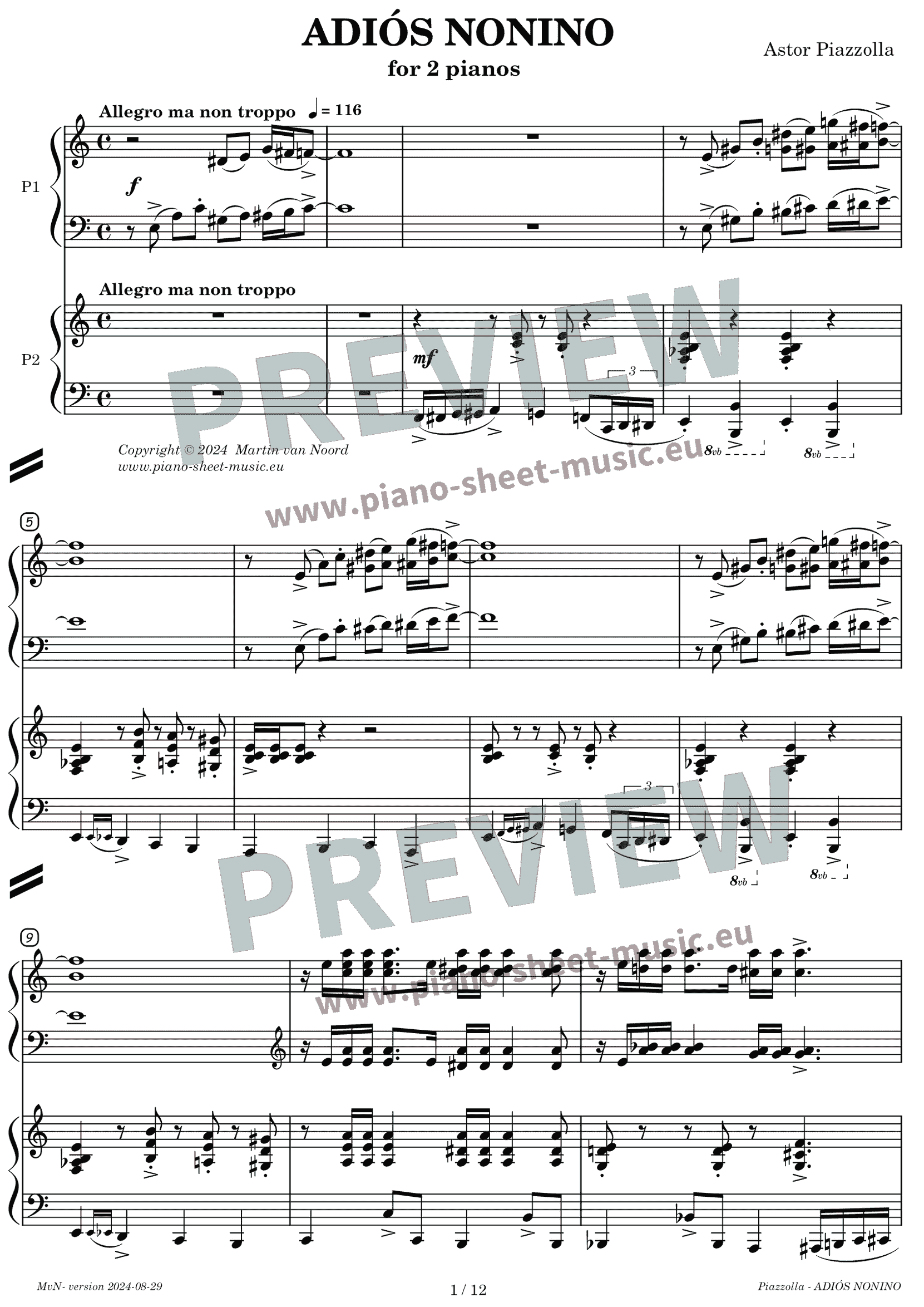 Piazzolla | Adios Nonino | two pianos - preview page 1
