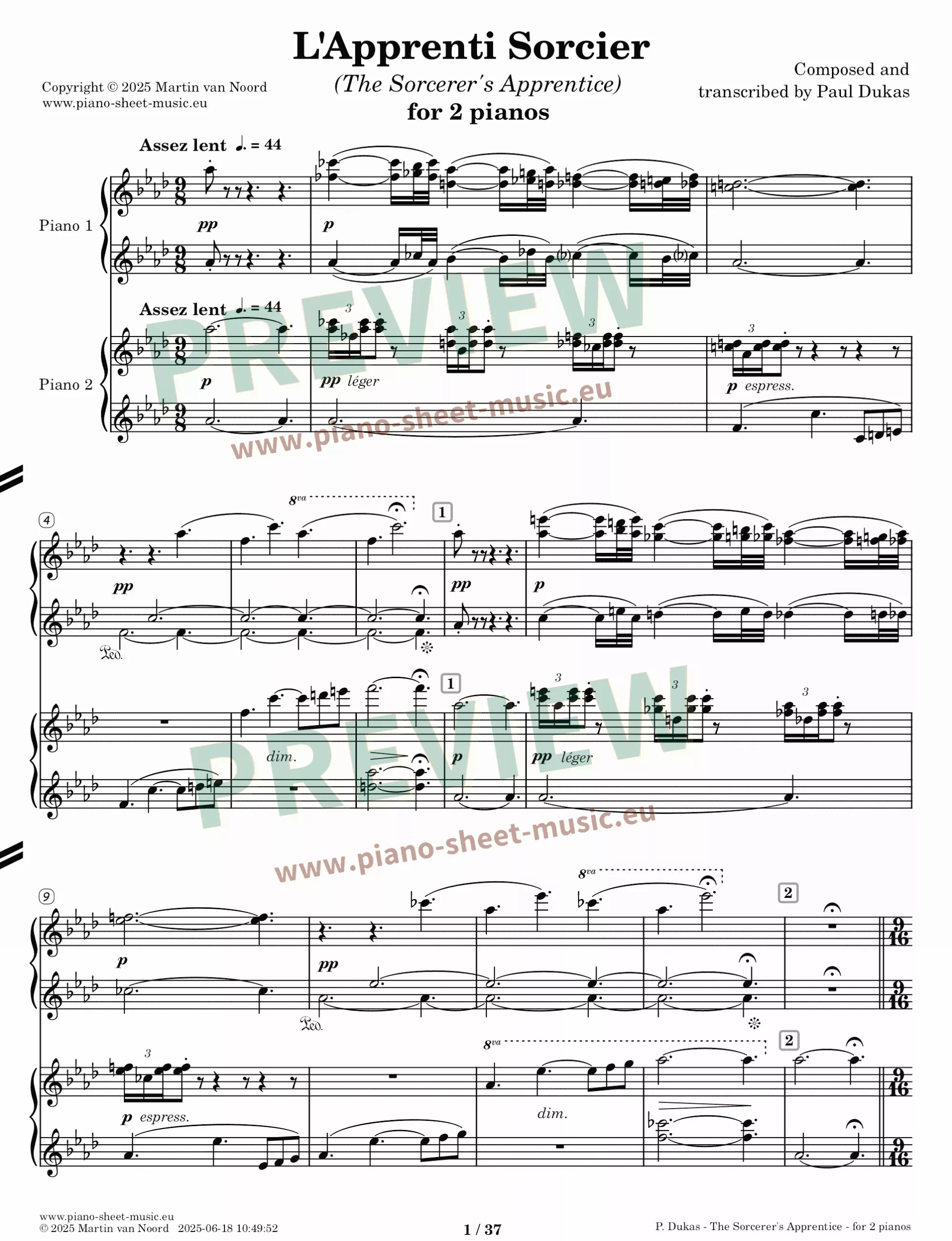 Dukas -The Sorcerer's Apprentice -PDF for two pianos-page 1