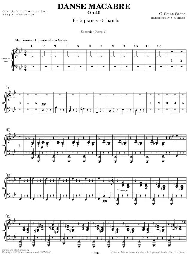 Saint-Saëns | Danse Macabre Op.40 for 2 pianos 8 hands.Piano 1 Secundo, page 1